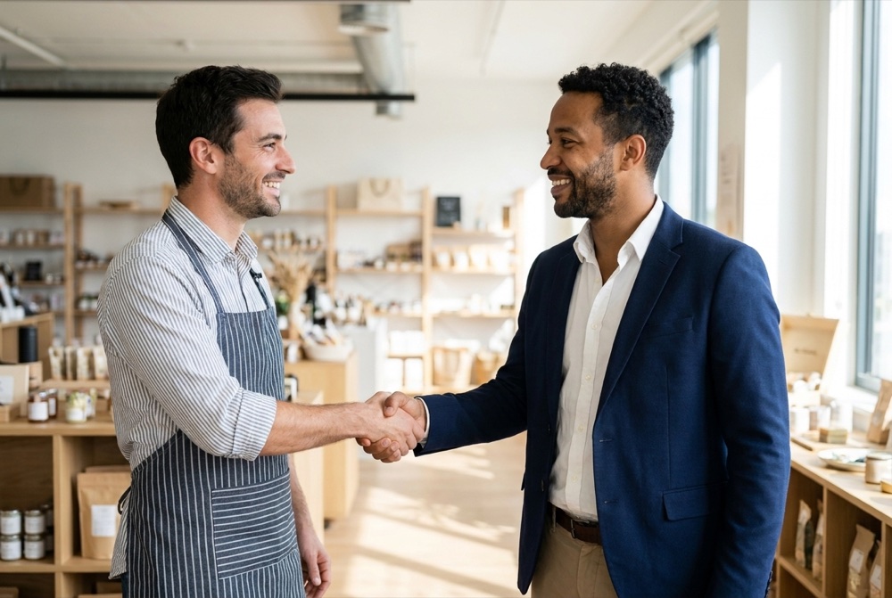 Un conseiller MonAvancePro serre la main d'un commerçant accompagné